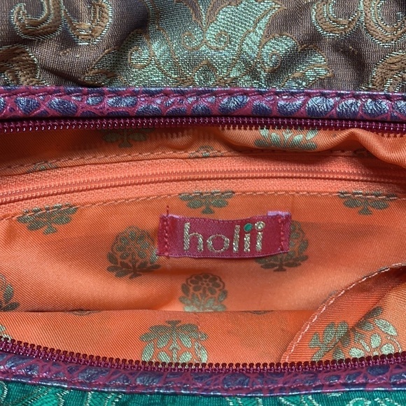HOLII Green Orange Leather and Fabric Bag Eastern Indian Designs Gold leaf NWT - Picture 9 of 9